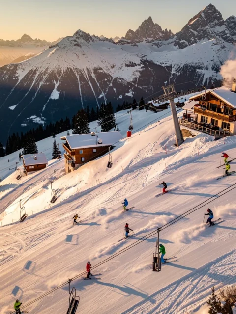 Luchtfoto van skiërs op besneeuwde pistes in Sankt Gallenkirch tijdens gouden uur met Oostenrijkse berghutten