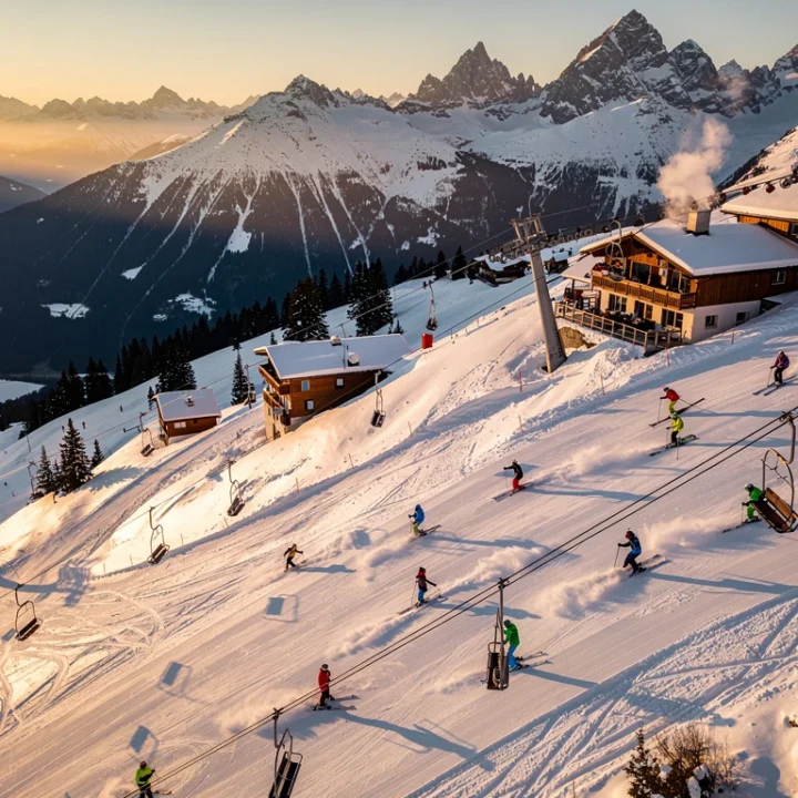 Luchtfoto van skiërs op besneeuwde pistes in Sankt Gallenkirch tijdens gouden uur met Oostenrijkse berghutten
