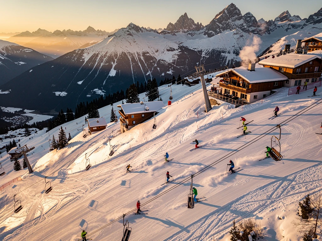 Luchtfoto van skiërs op besneeuwde pistes in Sankt Gallenkirch tijdens gouden uur met Oostenrijkse berghutten