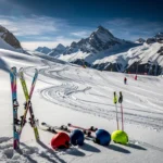 Fresh powder snow on Niederau Alpine ski slope with colorful ski equipment in foreground and Austrian mountain peaks