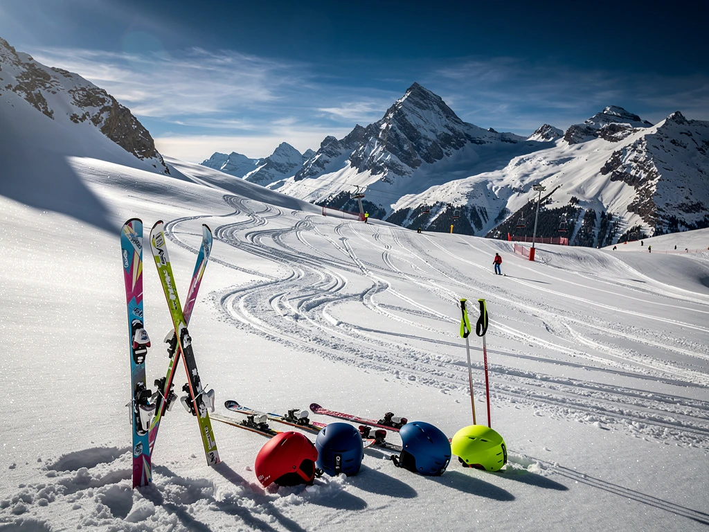 Fresh powder snow on Niederau Alpine ski slope with colorful ski equipment in foreground and Austrian mountain peaks