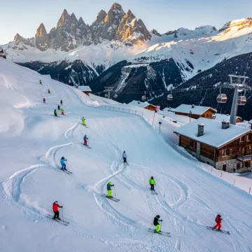 Ski instructors in bright jackets leading students down groomed Alpine slopes in Villard-Reculas with chalets and mountain peaks