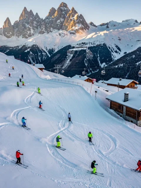 Ski instructors in bright jackets leading students down groomed Alpine slopes in Villard-Reculas with chalets and mountain peaks