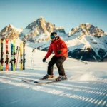 Professional ski instructor in red jacket demonstrating technique on snowy slopes with Austrian Alps in background