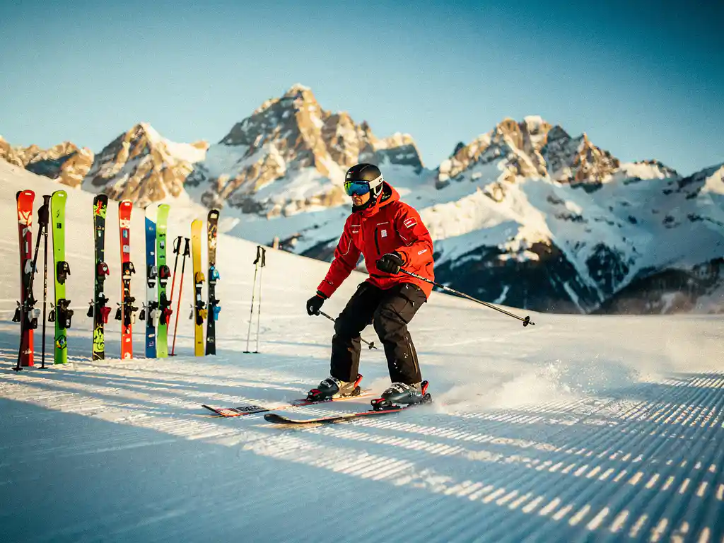 Professional ski instructor in red jacket demonstrating technique on snowy slopes with Austrian Alps in background