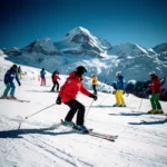 Ski instructor in red jacket teaching students on snowy slopes with Three Valleys mountain peaks in background at Méribel