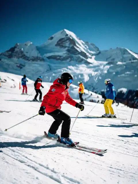 Ski instructor in red jacket teaching students on snowy slopes with Three Valleys mountain peaks in background at Méribel