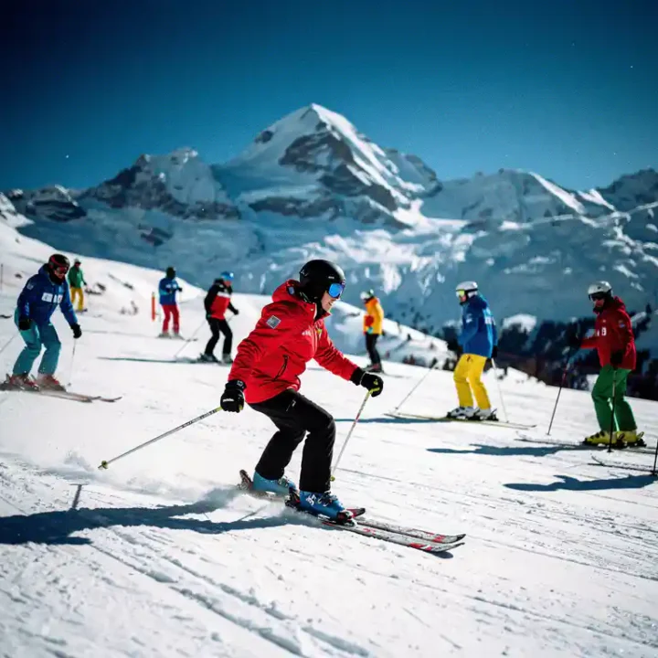 Ski instructor in red jacket teaching students on snowy slopes with Three Valleys mountain peaks in background at Méribel