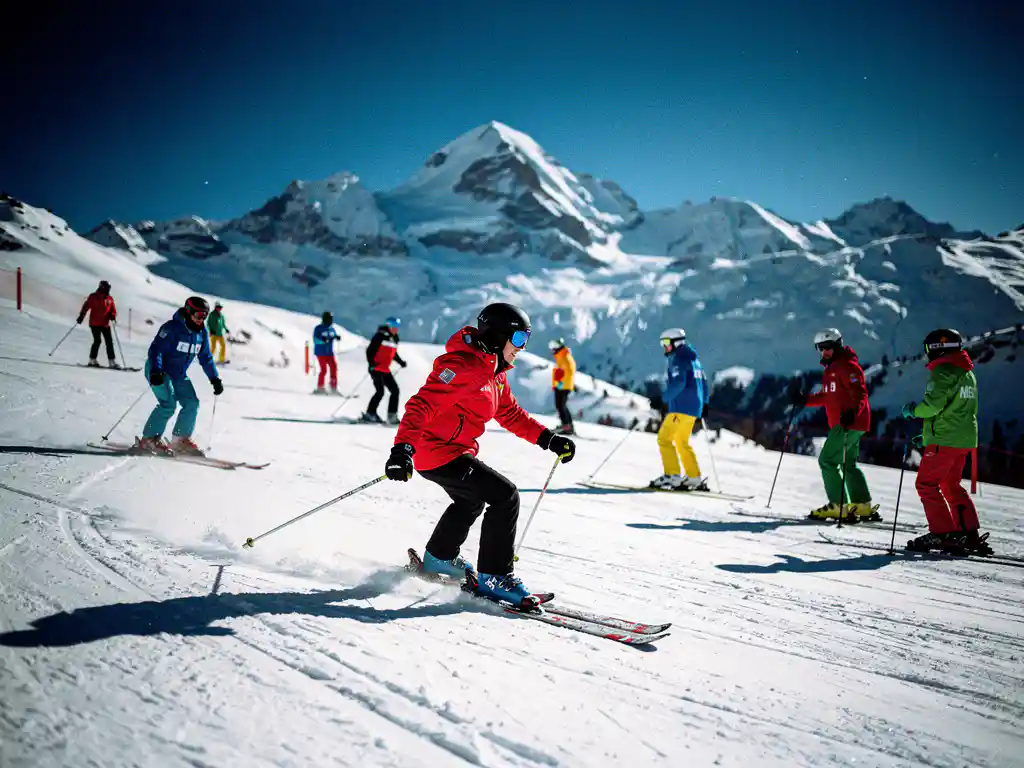 Ski instructor in red jacket teaching students on snowy slopes with Three Valleys mountain peaks in background at Méribel
