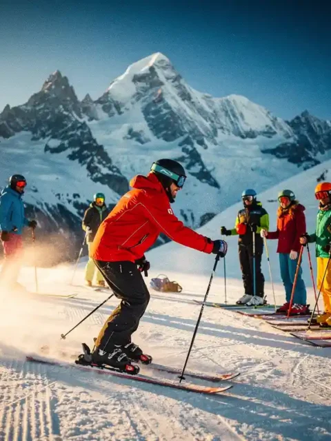 Ski instructor in red jacket teaching students on snowy slopes with Mont Blanc mountain range in background at Chamonix