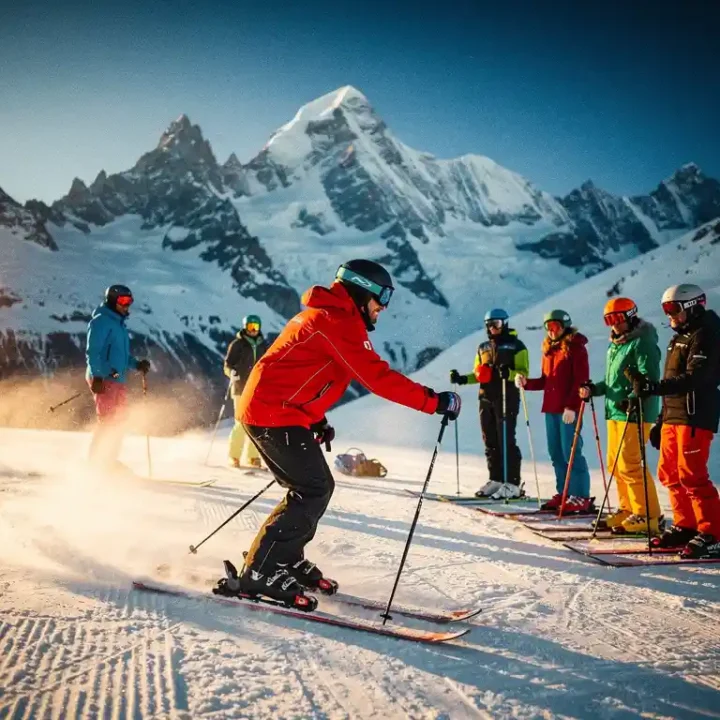 Ski instructor in red jacket teaching students on snowy slopes with Mont Blanc mountain range in background at Chamonix