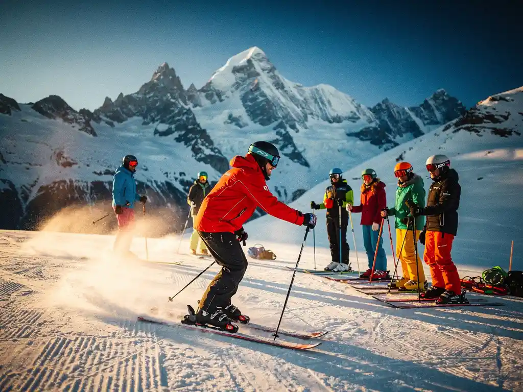 Ski instructor in red jacket teaching students on snowy slopes with Mont Blanc mountain range in background at Chamonix