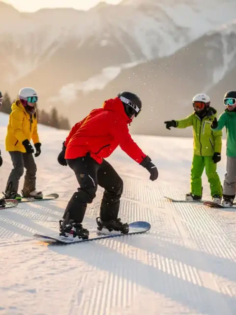 Ski instructor in red jacket demonstrating snowboard stance to students on snowy mountain slope during golden hour