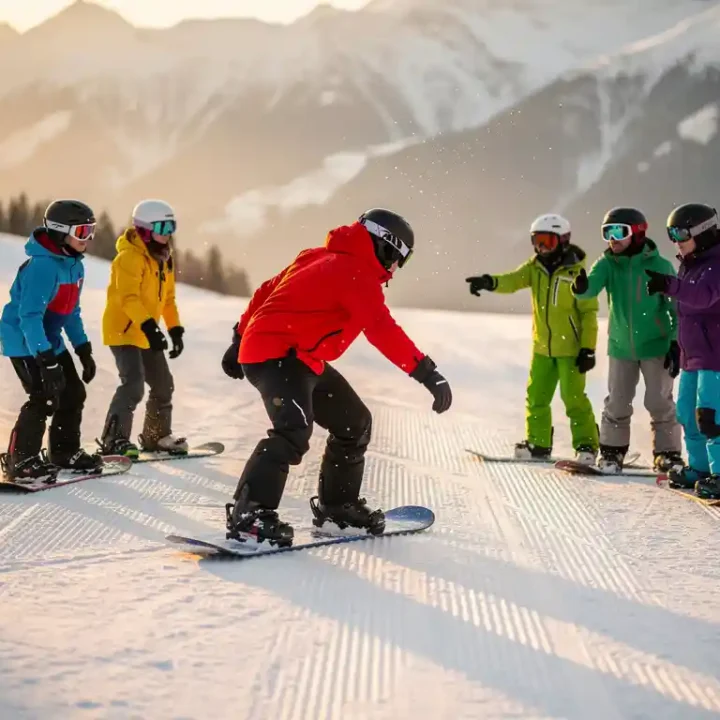 Ski instructor in red jacket demonstrating snowboard stance to students on snowy mountain slope during golden hour