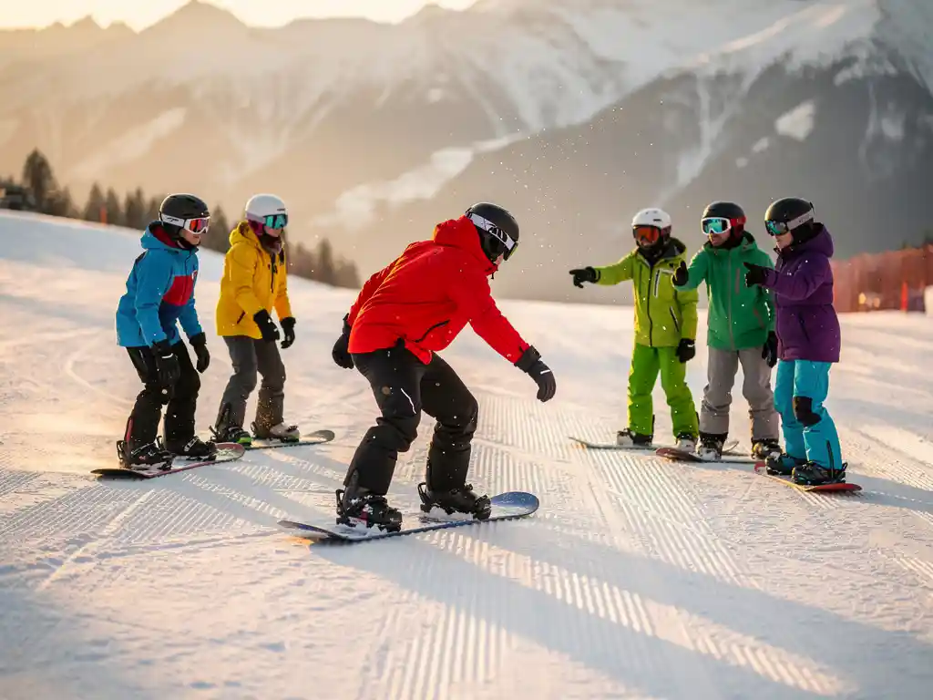 Ski instructor in red jacket demonstrating snowboard stance to students on snowy mountain slope during golden hour