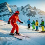 Professional ski instructor in red jacket teaching students on snowy slopes with mountain peaks in Ischgl background