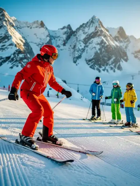 Professional ski instructor in red jacket teaching students on snowy slopes with mountain peaks in Ischgl background