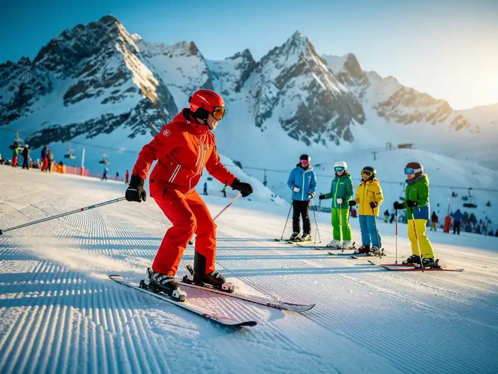Professional ski instructor in red jacket teaching students on snowy slopes with mountain peaks in Ischgl background