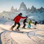 Ski instructor in red jacket teaching students on snowy slopes with Val Thorens alpine peaks in background during golden hour.
