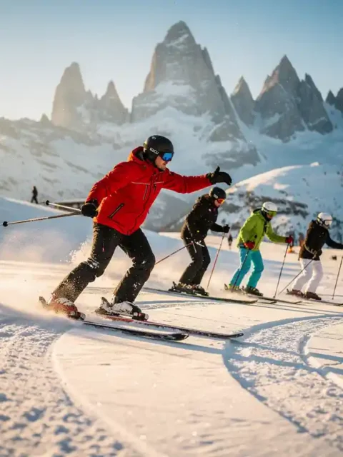 Ski instructor in red jacket teaching students on snowy slopes with Val Thorens alpine peaks in background during golden hour.