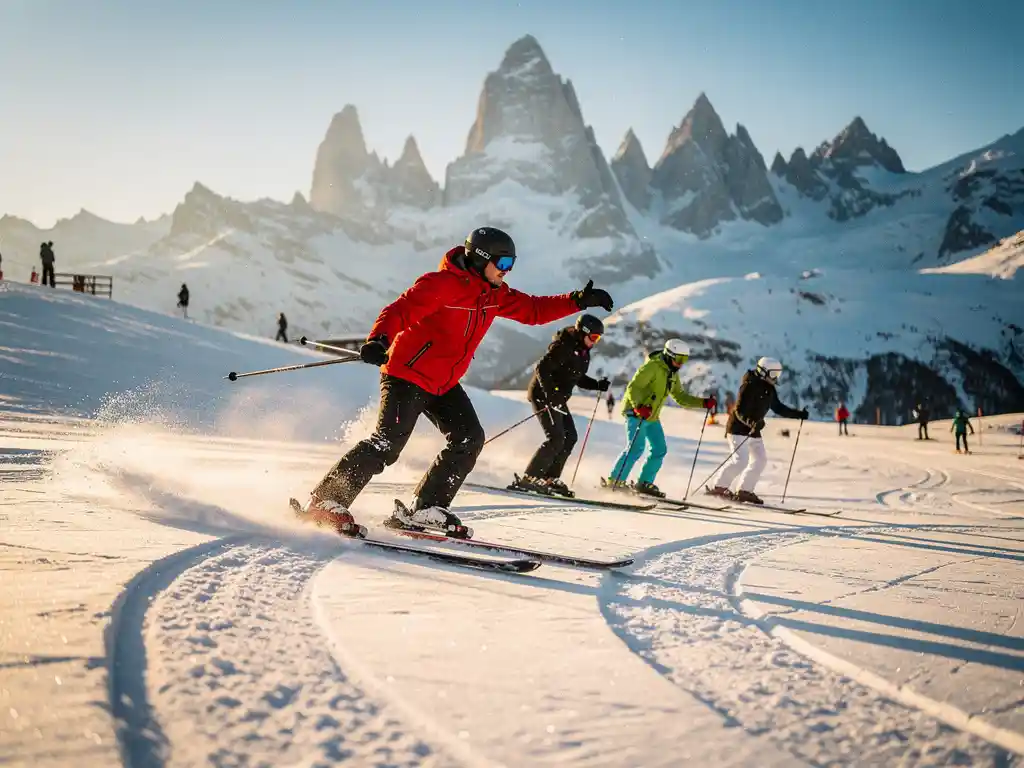Ski instructor in red jacket teaching students on snowy slopes with Val Thorens alpine peaks in background during golden hour.