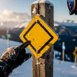 Skilehrer zeigt auf gelbe Raute am Pistenmarkierungsschild, verschneite Alpenhänge im Hintergrund