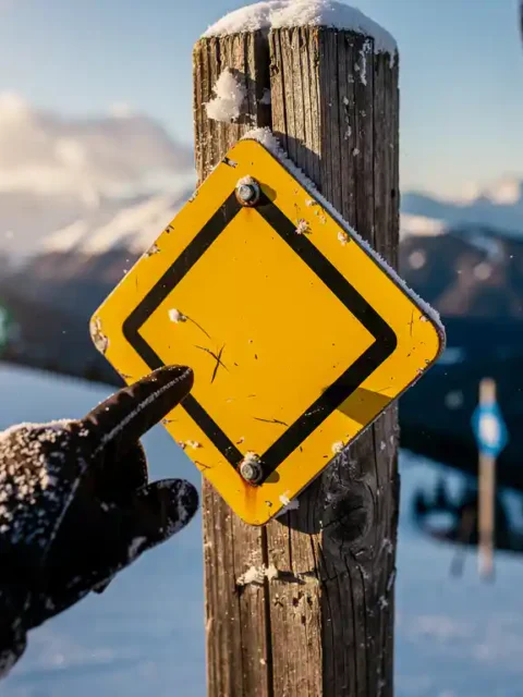 Skilehrer zeigt auf gelbe Raute am Pistenmarkierungsschild, verschneite Alpenhänge im Hintergrund