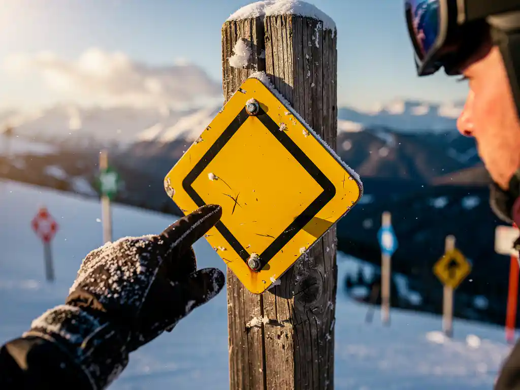 Skilehrer zeigt auf gelbe Raute am Pistenmarkierungsschild, verschneite Alpenhänge im Hintergrund
