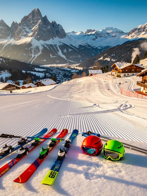 Luchtfoto van Niederau skipistes in ochtendlicht met ski-uitrusting op voorgrond en Oostenrijkse bergdorpje in dal