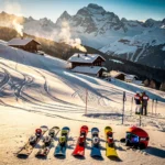 Alpineskipiste in Oberndorf Tirol met verse poedersneeuw, skisporen en traditionele Oostenrijkse chalets onder besneeuwde bergen