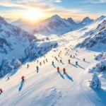 Luchtfoto van skipistes Saint-Martin-de-Belleville met skileraren en studenten op geprepareerde sneeuw, Franse Alpen