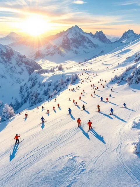 Luchtfoto van skipistes Saint-Martin-de-Belleville met skileraren en studenten op geprepareerde sneeuw, Franse Alpen
