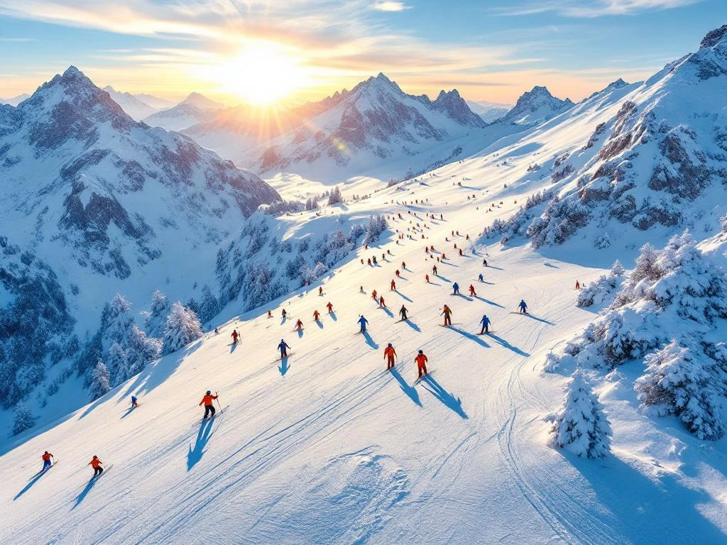 Luchtfoto van skipistes Saint-Martin-de-Belleville met skileraren en studenten op geprepareerde sneeuw, Franse Alpen