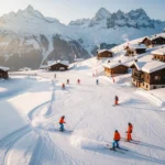 Skiërs dalen af op besneeuwde hellingen van Saint Nicolas de Véroce met traditionele chalets en Alpentoppen op achtergrond