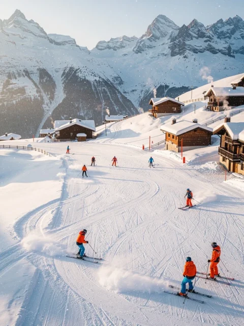 Skiërs dalen af op besneeuwde hellingen van Saint Nicolas de Véroce met traditionele chalets en Alpentoppen op achtergrond