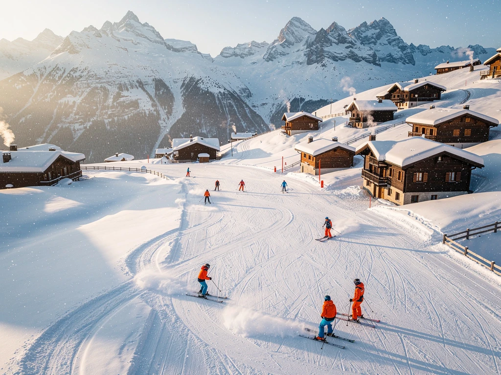 Skiërs dalen af op besneeuwde hellingen van Saint Nicolas de Véroce met traditionele chalets en Alpentoppen op achtergrond