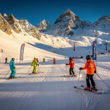 Skigroepen met instructeurs in oranje jassen op besneeuwde hellingen van Villard-Reculas in de Franse Alpen
