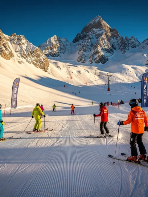 Skigroepen met instructeurs in oranje jassen op besneeuwde hellingen van Villard-Reculas in de Franse Alpen