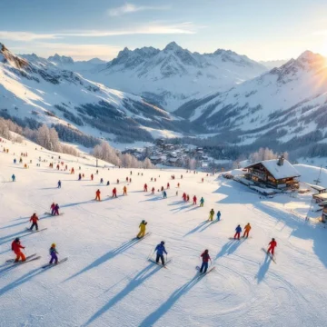 Luchtfoto van skiërs in kleurrijke winterkleding tijdens lessen op besneeuwde hellingen van Châtel in de Franse Alpen