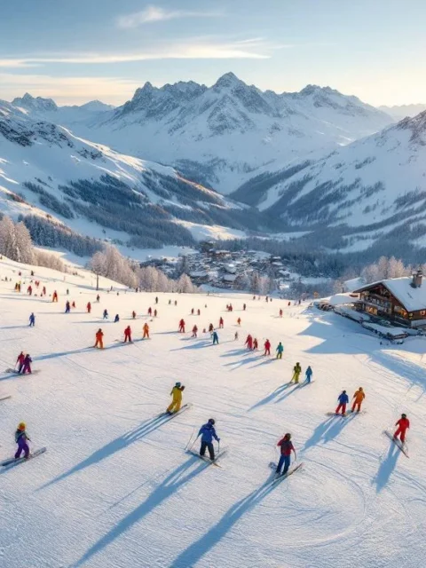 Luchtfoto van skiërs in kleurrijke winterkleding tijdens lessen op besneeuwde hellingen van Châtel in de Franse Alpen