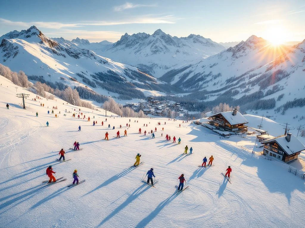 Luchtfoto van skiërs in kleurrijke winterkleding tijdens lessen op besneeuwde hellingen van Châtel in de Franse Alpen