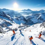 Luchtfoto van besneeuwde skipistes op Füssener Jöchle met kleurrijke ski-uitrusting in voorgrond, Oostenrijkse Alpen