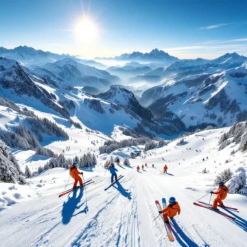 Luchtfoto van besneeuwde skipistes op Füssener Jöchle met kleurrijke ski-uitrusting in voorgrond, Oostenrijkse Alpen