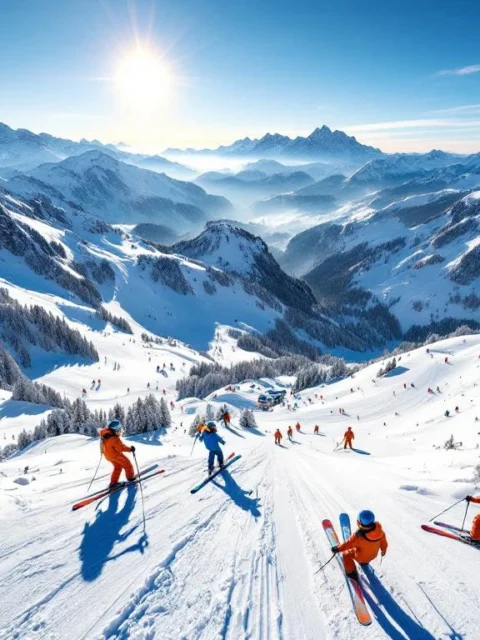 Luchtfoto van besneeuwde skipistes op Füssener Jöchle met kleurrijke ski-uitrusting in voorgrond, Oostenrijkse Alpen