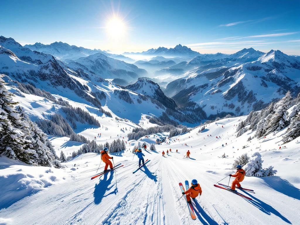 Luchtfoto van besneeuwde skipistes op Füssener Jöchle met kleurrijke ski-uitrusting in voorgrond, Oostenrijkse Alpen