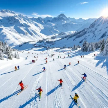 Luchtfoto van La Plagne skipistes met ski-instructeurs die lessen geven aan groepen op besneeuwde hellingen onder blauwe lucht