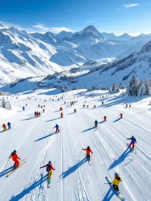Luchtfoto van La Plagne skipistes met ski-instructeurs die lessen geven aan groepen op besneeuwde hellingen onder blauwe lucht