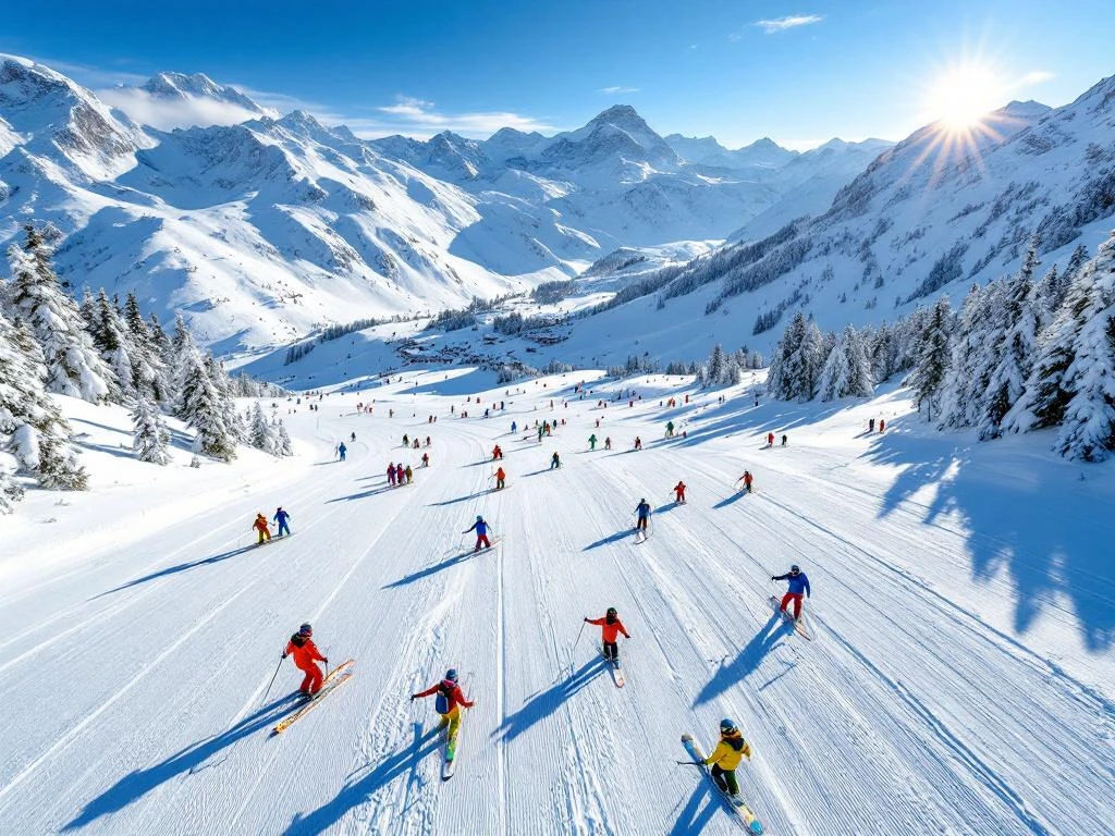 Luchtfoto van La Plagne skipistes met ski-instructeurs die lessen geven aan groepen op besneeuwde hellingen onder blauwe lucht