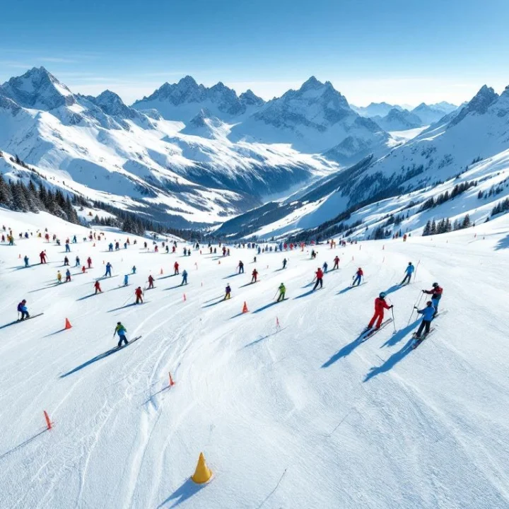 Luchtfoto van skipistes in Le Tour met skilesbgroepen, instructeursmaterialen en Alpine bergtoppen van Chamonix vallei