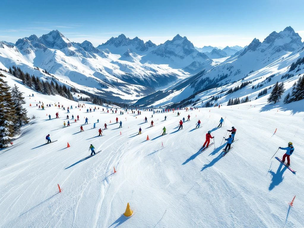 Luchtfoto van skipistes in Le Tour met skilesbgroepen, instructeursmaterialen en Alpine bergtoppen van Chamonix vallei